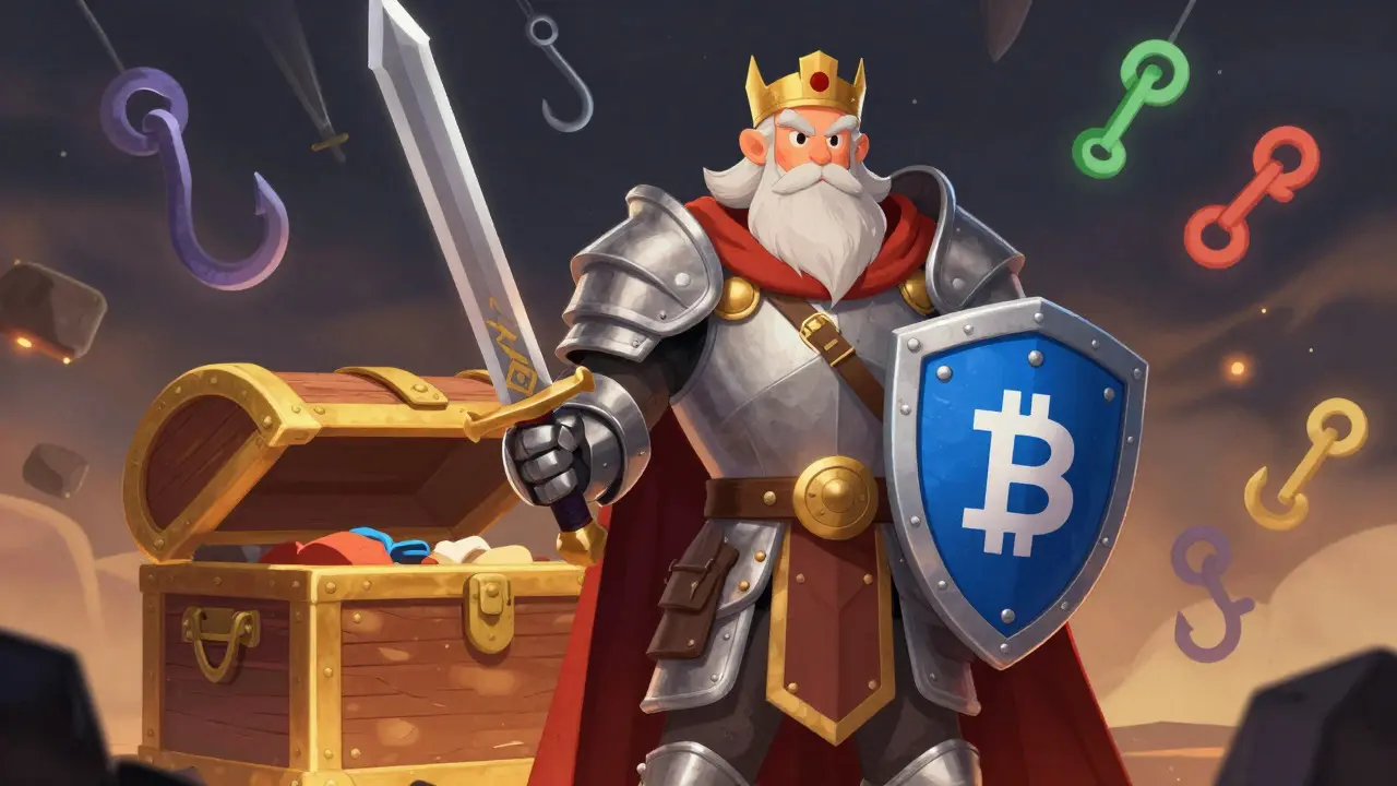 Armored knight guarding crypto treasure against phishing storms