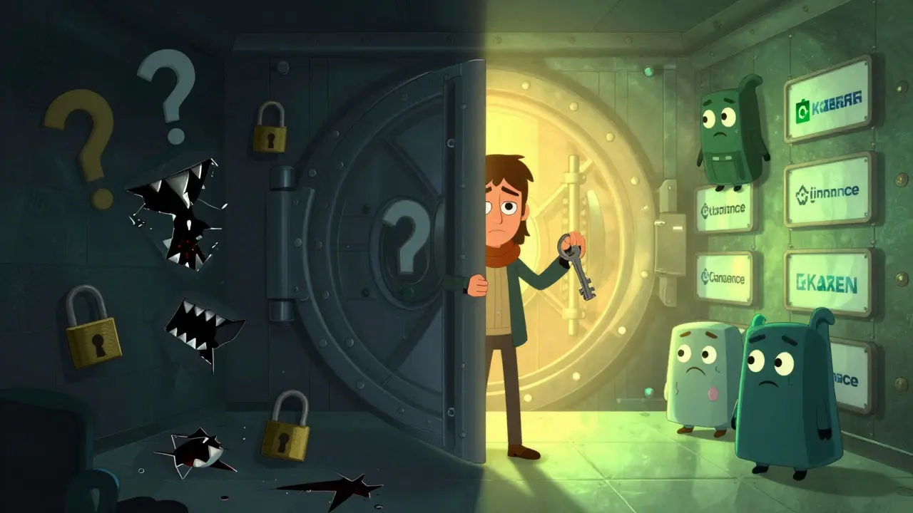 Cartoon character choosing between risky and safe crypto options