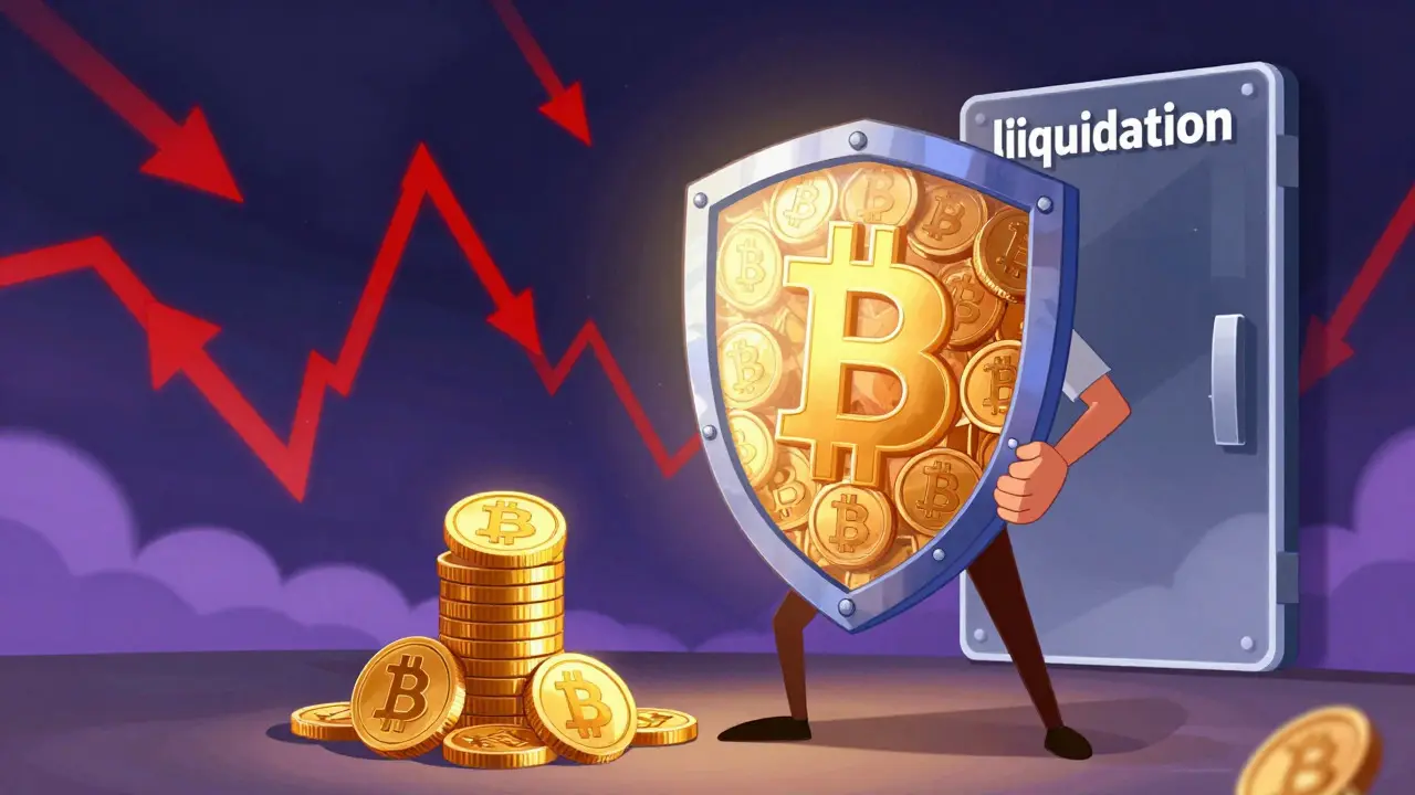 Cartoon character holding a crypto shield against market volatility storms in a DeFi setting.