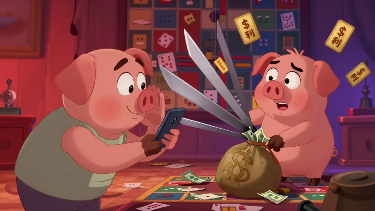 Cartoon depiction of pig-butchering scam stealing funds