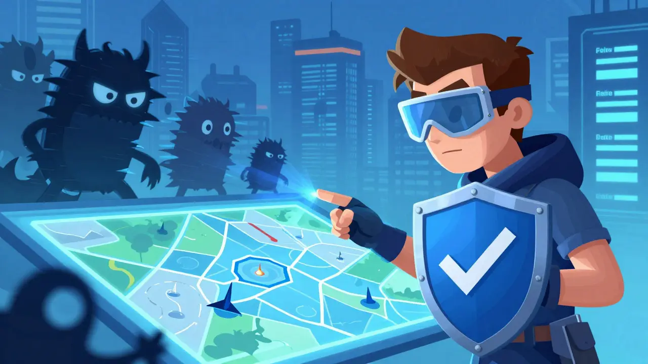 Cartoon hero guarding against shadowy scam monsters in a digital city