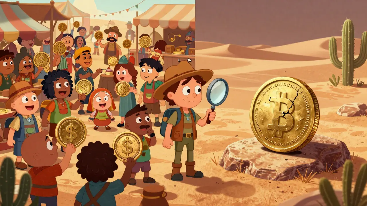 Crowded busy marketplace contrasted with an empty desert containing a single isolated coin