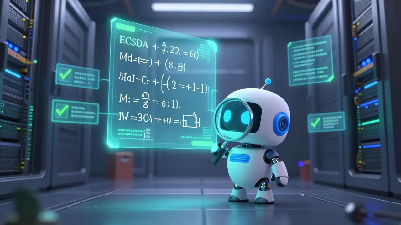 Cute robot verifying a glowing mathematical equation in a futuristic server room.
