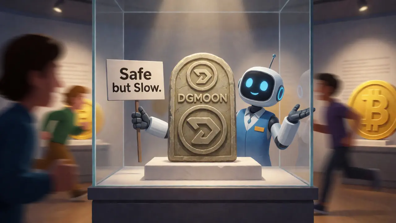 DGMOON token displayed as a safe, locked artifact in a quiet museum exhibit.