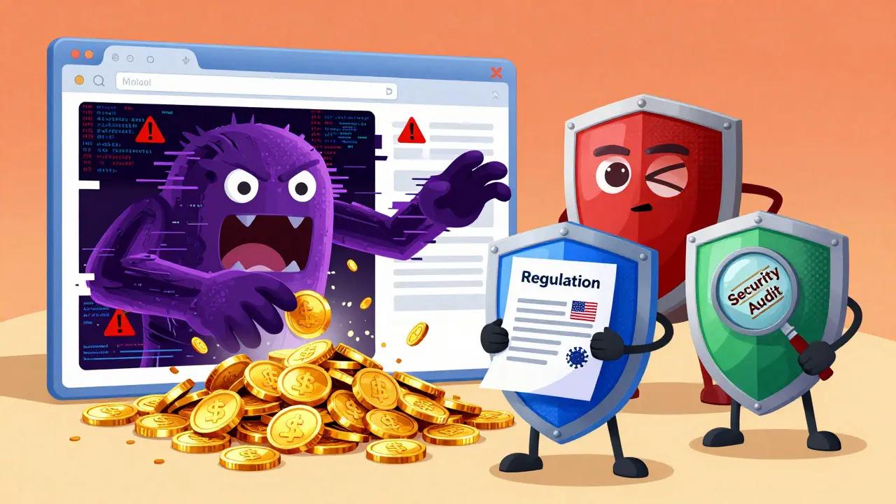 Digital monster stealing coins while regulatory shields protect against scam threats.