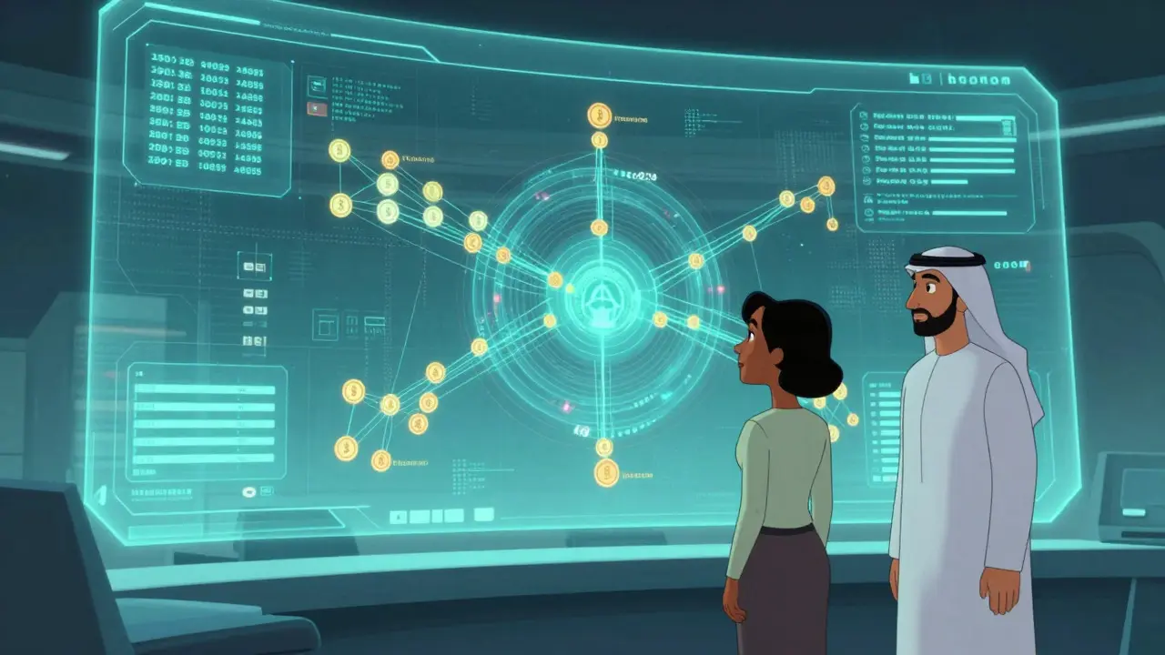 Experts viewing secure blockchain network hologram in a futuristic control room.