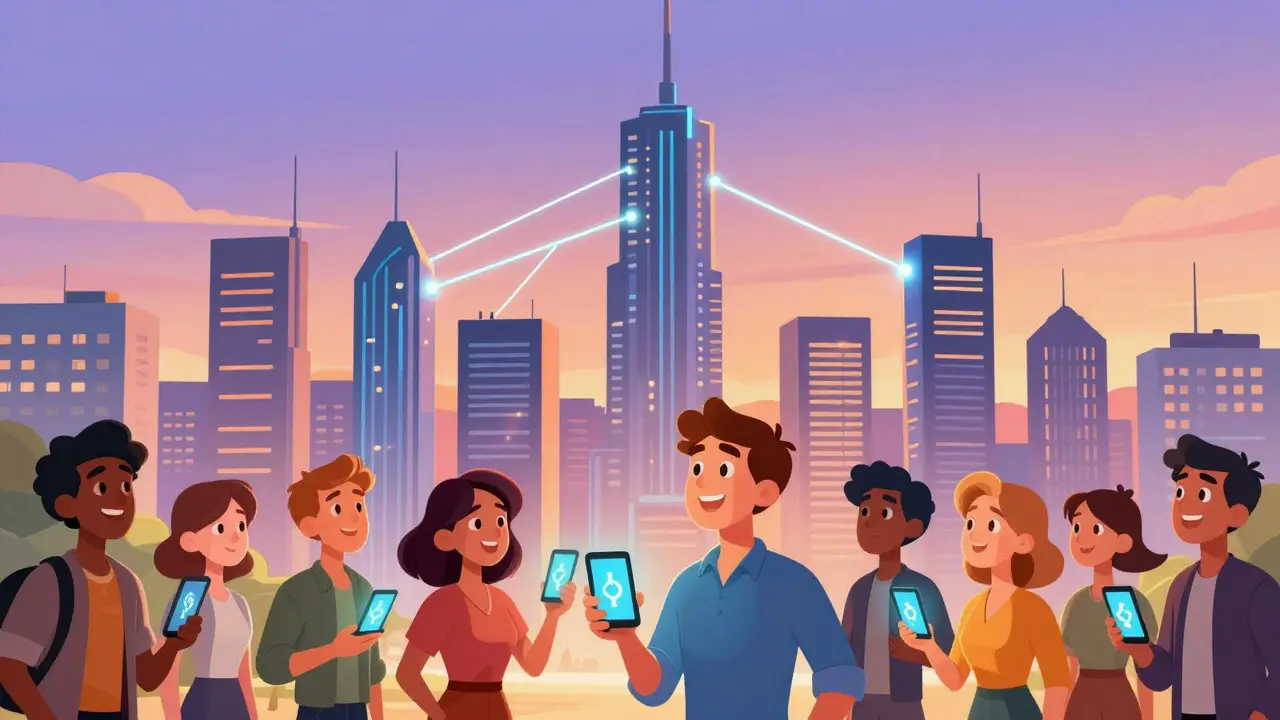 Futuristic city skyline with glowing energy streams connecting diverse communities