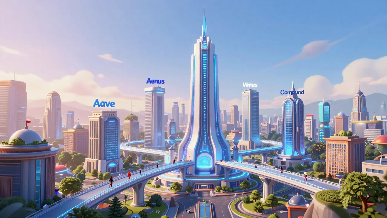 Futuristic cityscape showing the Venus protocol tower connected to other DeFi platforms.