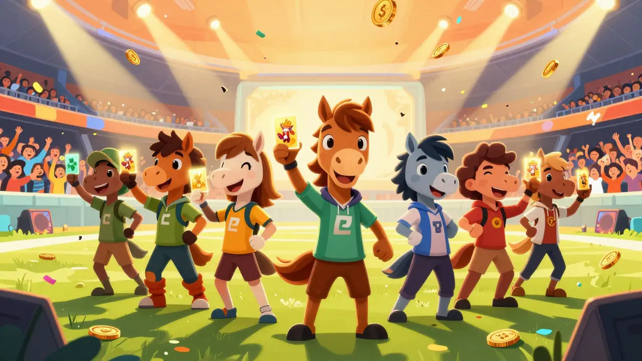 Happy animated characters celebrating with NFT cards in a colorful virtual stadium