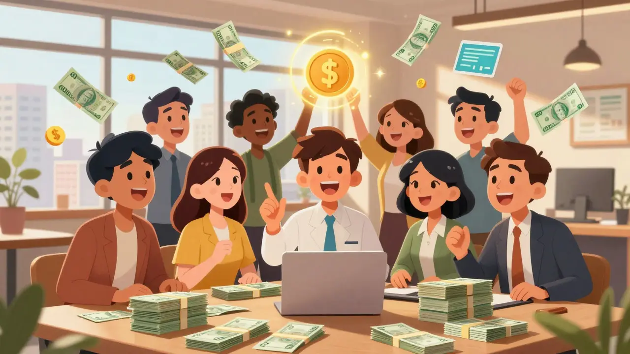 Happy business people celebrating crypto market growth in Indonesia