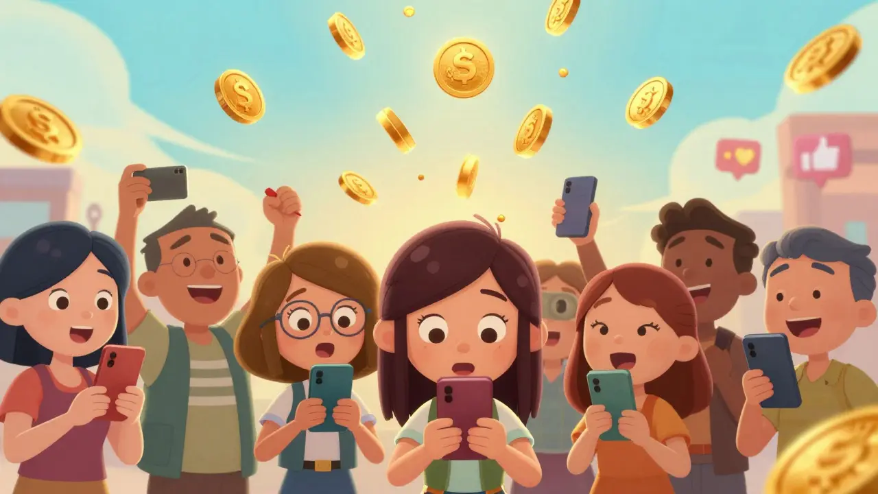 Happy cartoon characters receiving raining golden crypto tokens on phones.