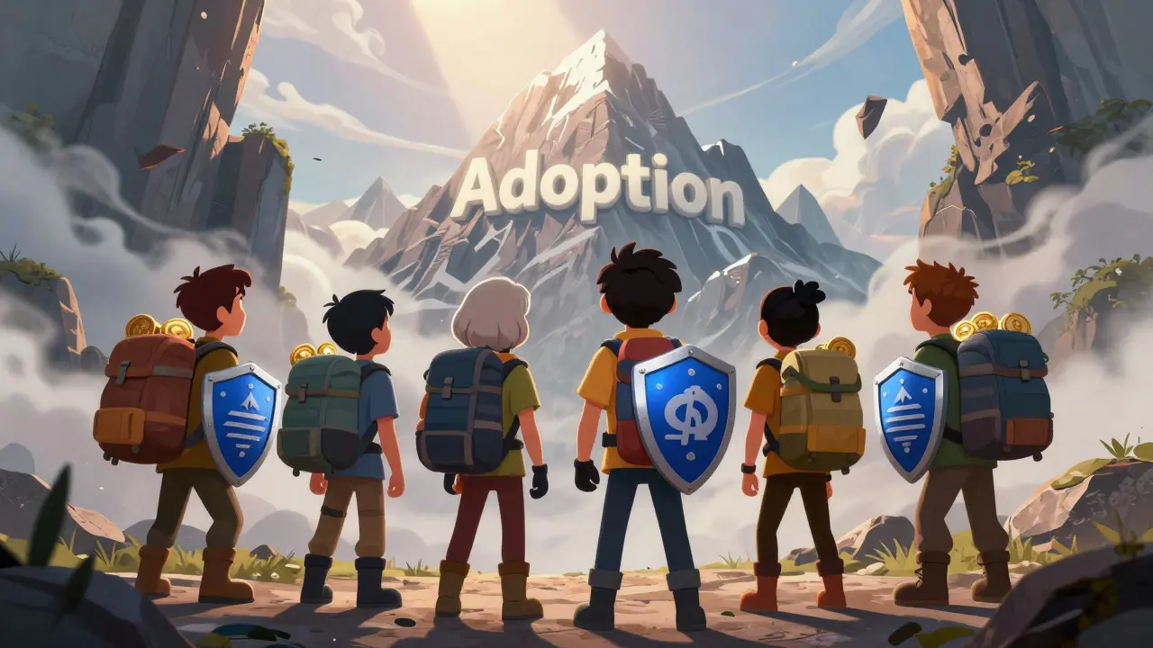 Heroic cartoon characters climbing a mountain representing DeFi adoption challenges