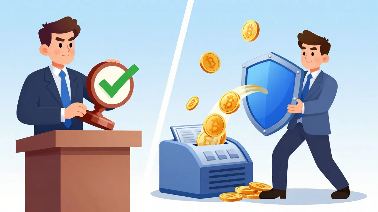 Illustration of officials managing crypto trading and payment bans