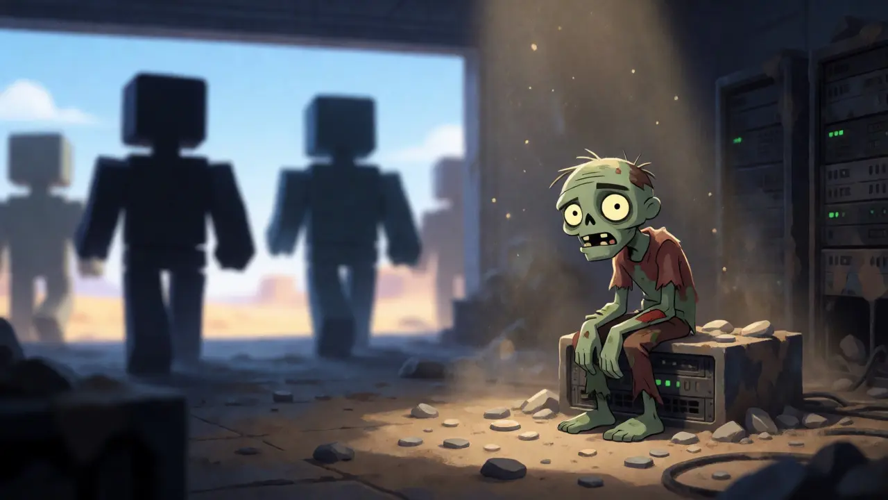 Lonely animated zombie sitting on an abandoned server rack as others walk away.