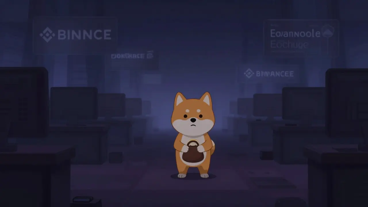 Lonely Shiba Inu in a dark, empty market representing low liquidity