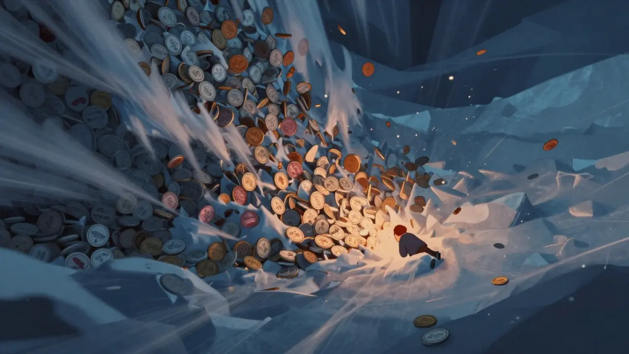 Massive avalanche of tiny tokens burying a figure, illustrating huge supply