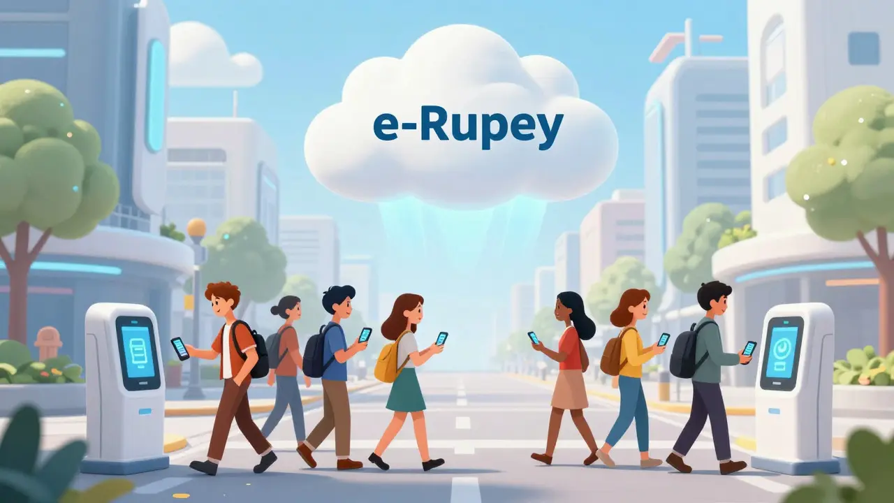 People using digital payments in a futuristic Indian city