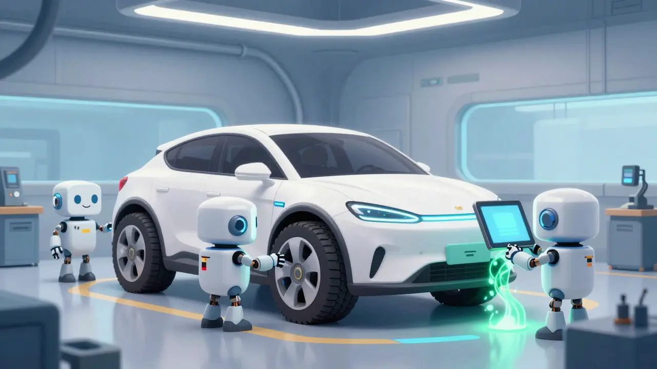 Robot mechanics maintaining a futuristic blockchain car