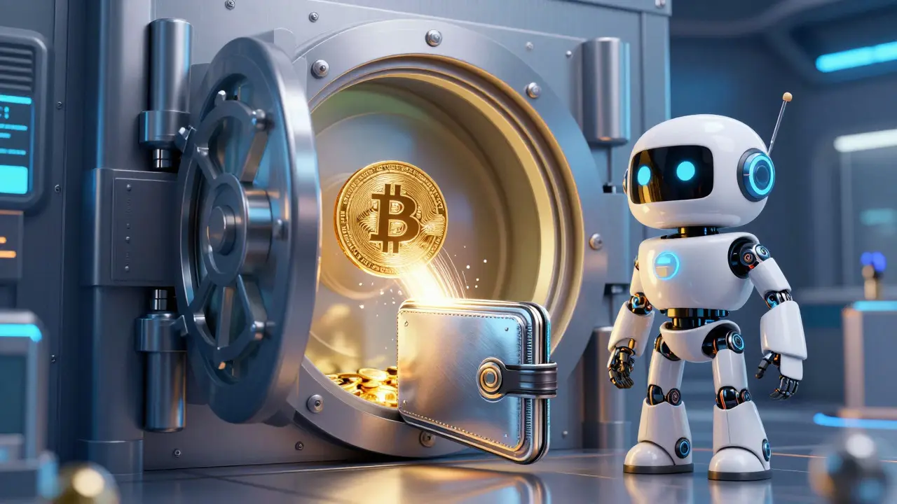 Robotic guardian protecting a vault releasing crypto into a hardware wallet.