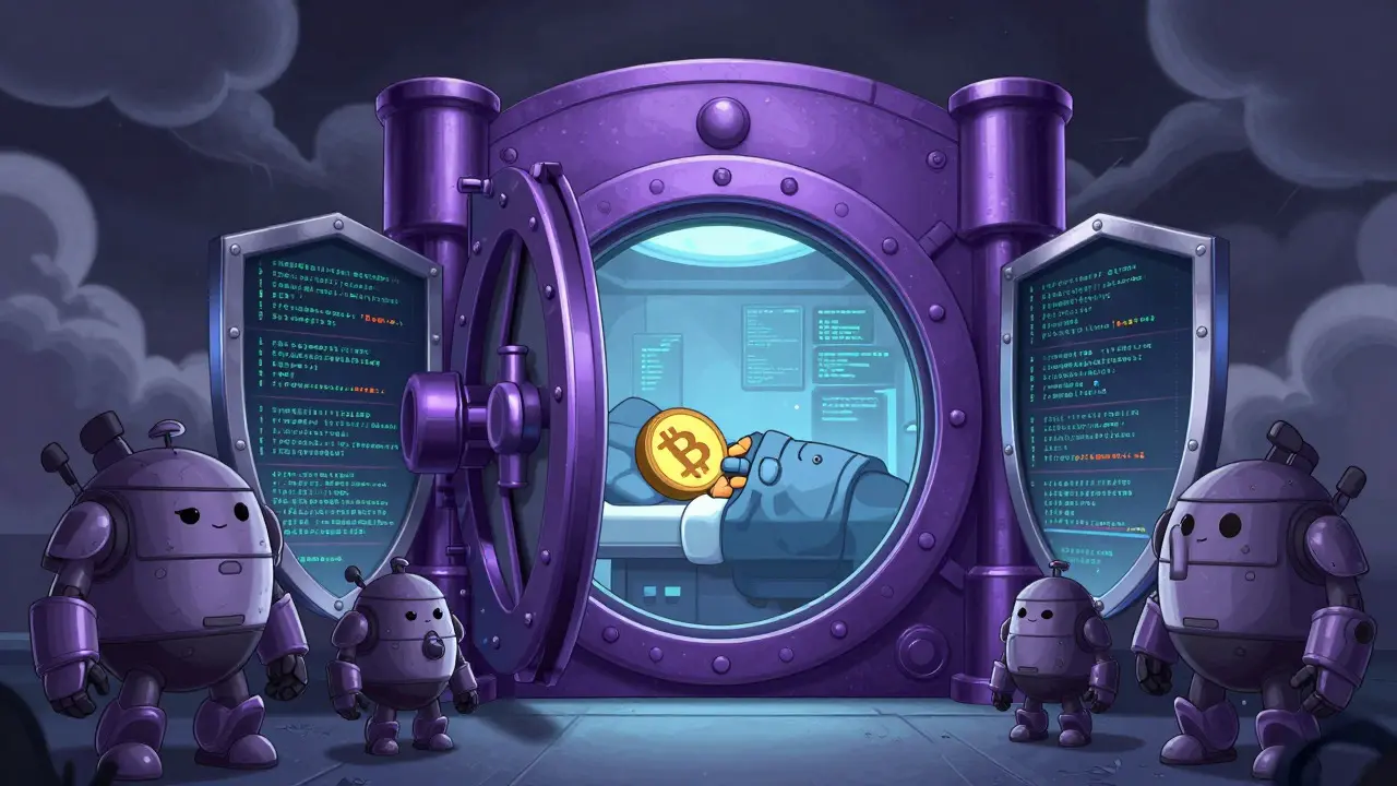 Robotic vault guardians protecting a sleeping Bitcoin inside a secure, shielded vault structure