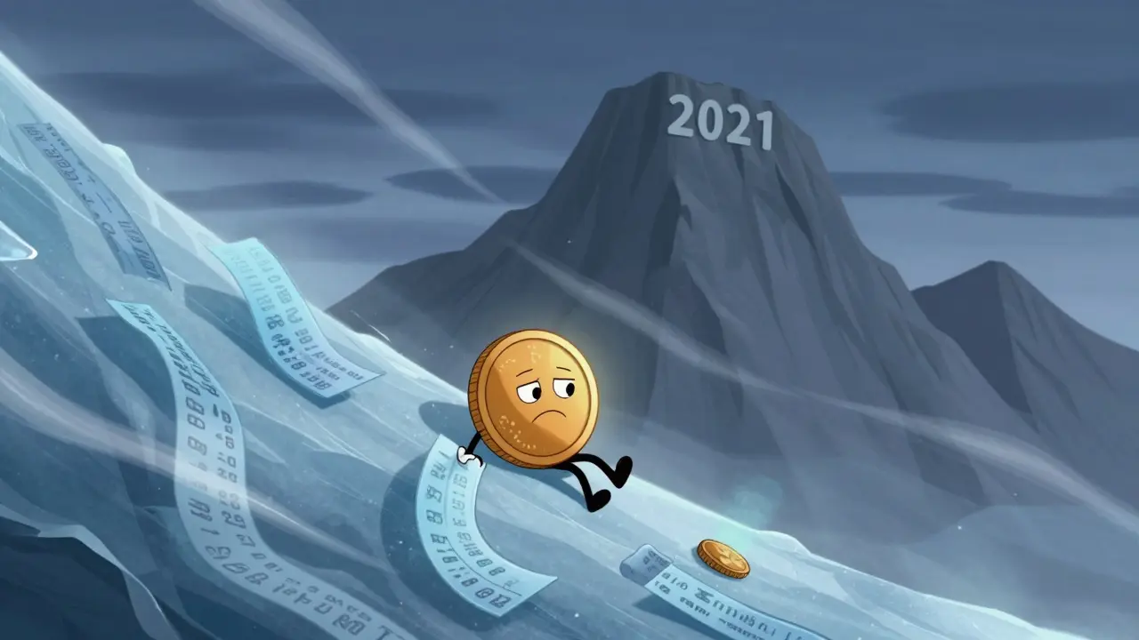 Sad coin character sliding down an icy slope representing a significant market price drop