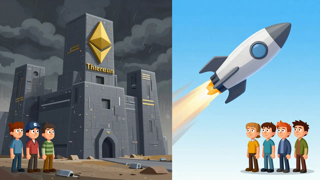 Split view comparing a sturdy block fortress with a fast-moving rocket ship
