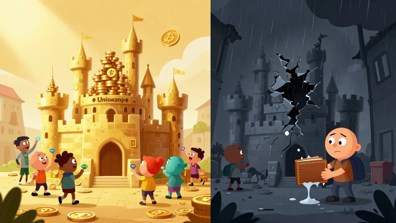 Split view showing a secure golden coin castle versus a crumbling structure in a storm
