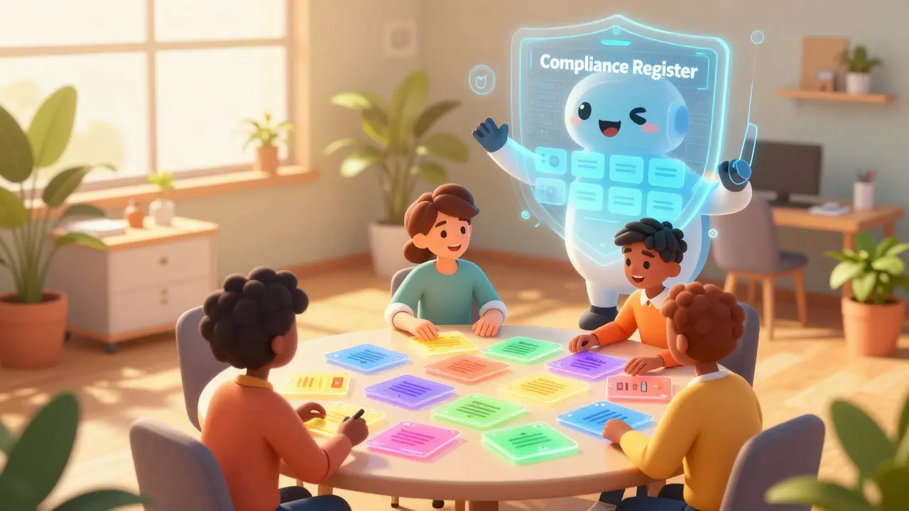 Startup team organizing compliance cards with AI help