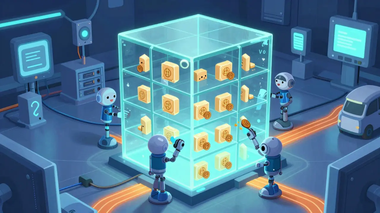 Stylized server fortress processing secure energy data packets in a tech hub