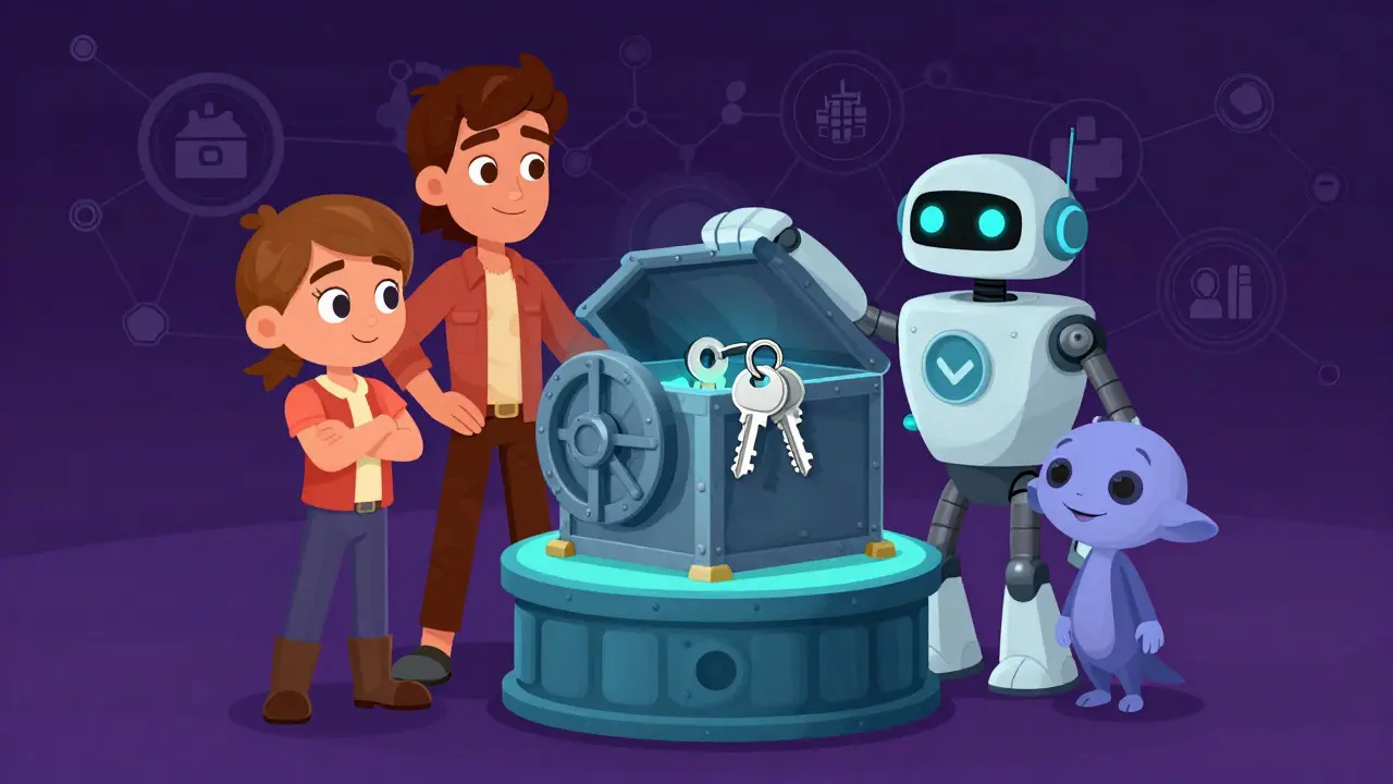 Three animated characters collaborating around a multi-locked secure vault box.