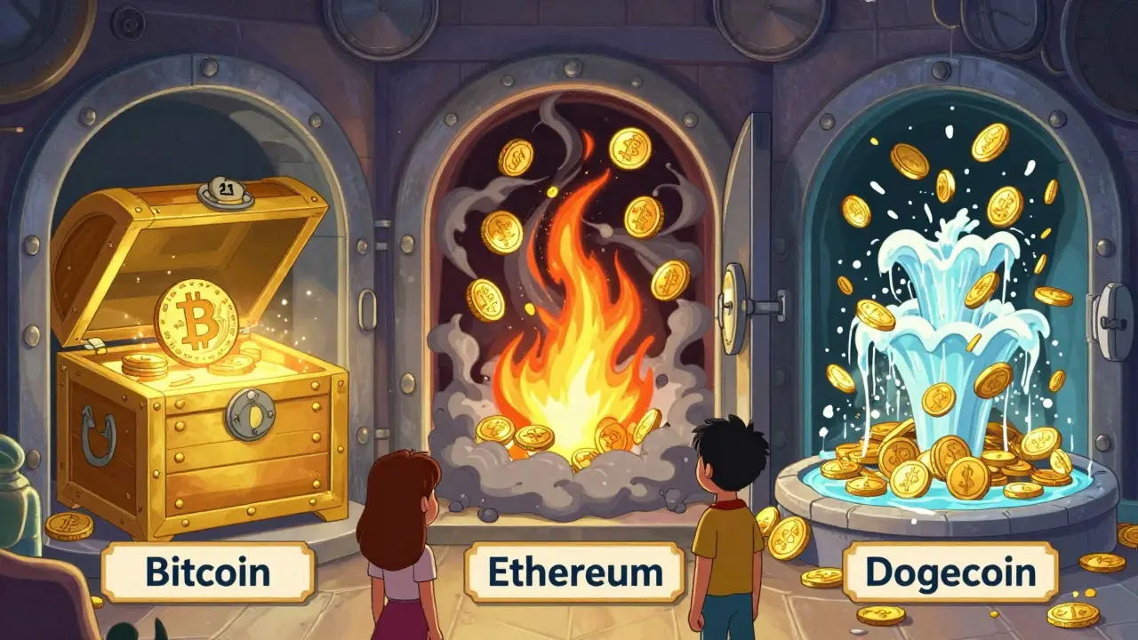 Three magical vaults illustrating Bitcoin, Ethereum, and Dogecoin supply models