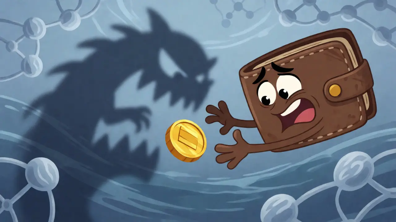 Tiny crypto coin struggling against a large gas fee monster in an empty digital void.