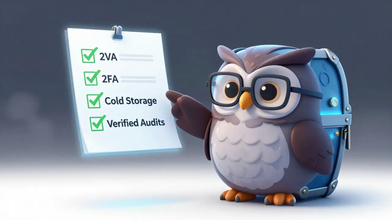 Wise owl character explaining security best practices with a hardware wallet.