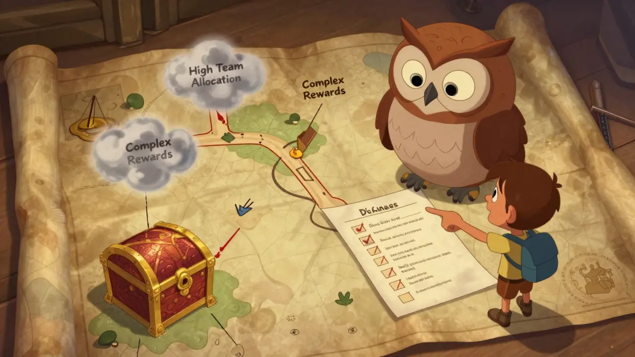 Wise owl guiding an explorer through a tokenomics analysis map