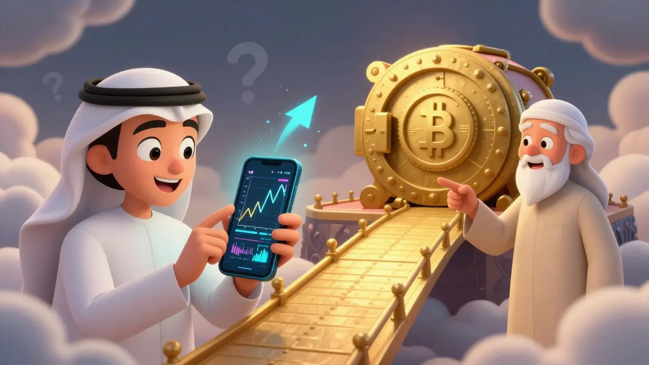 Young investor choosing between risky crypto and secure regulated assets.