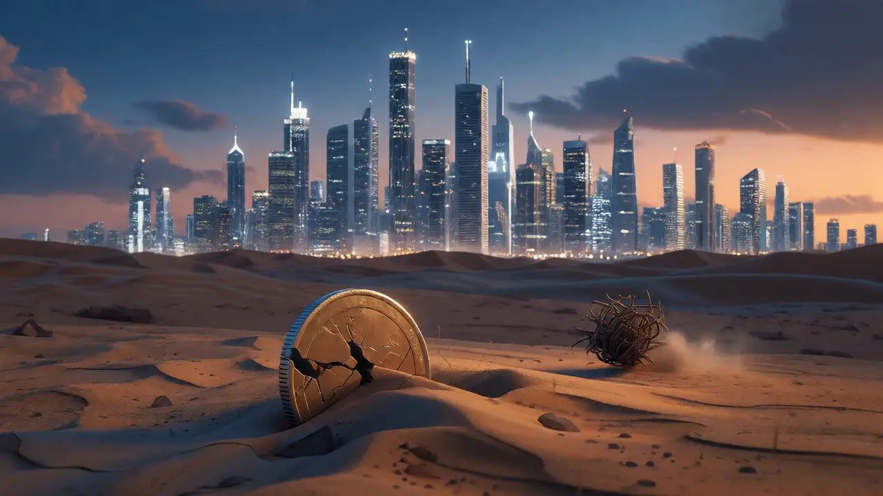 A broken, isolated coin in a desert contrasting with a vibrant, wealthy city skyline in the distance.