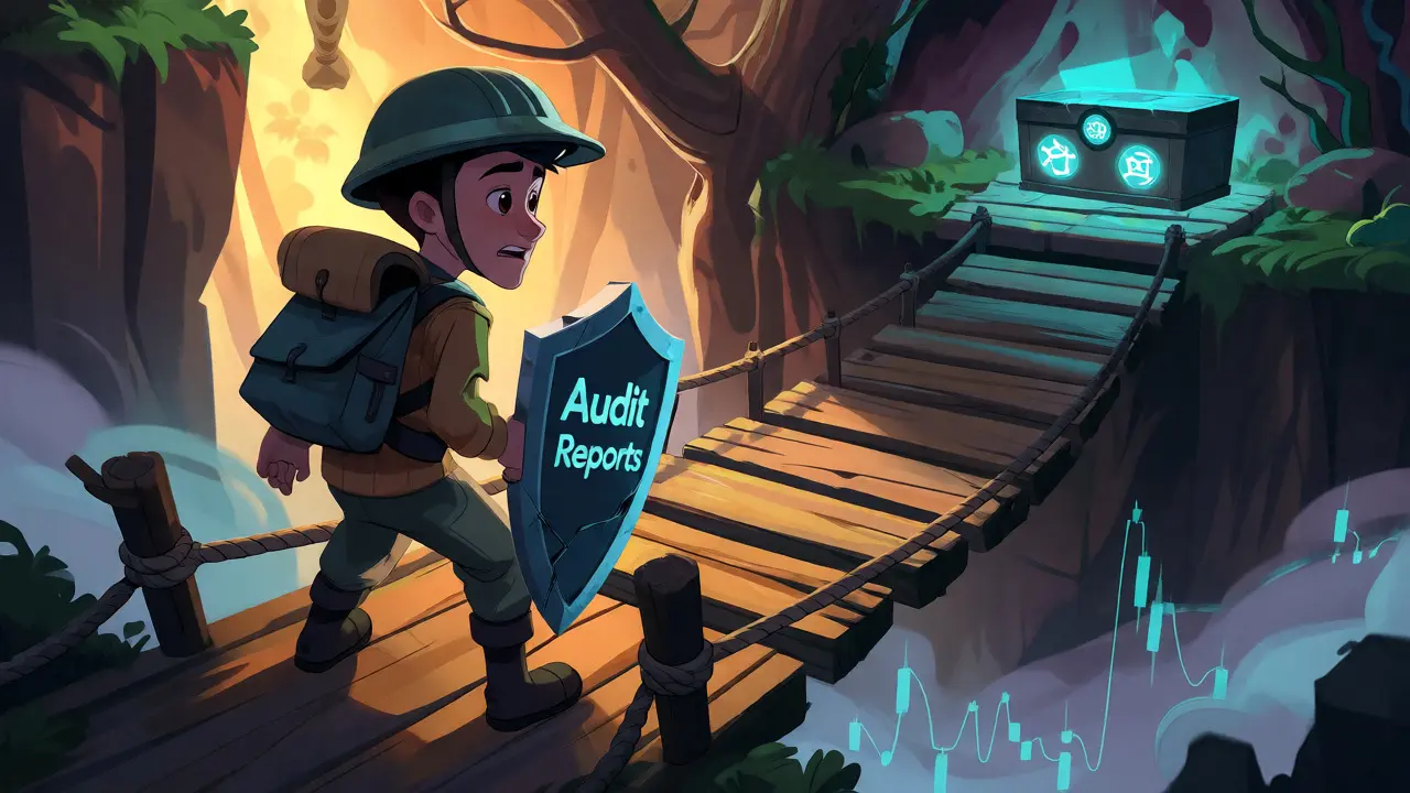 A cautious explorer approaching a glowing treasure chest across a risky bridge.