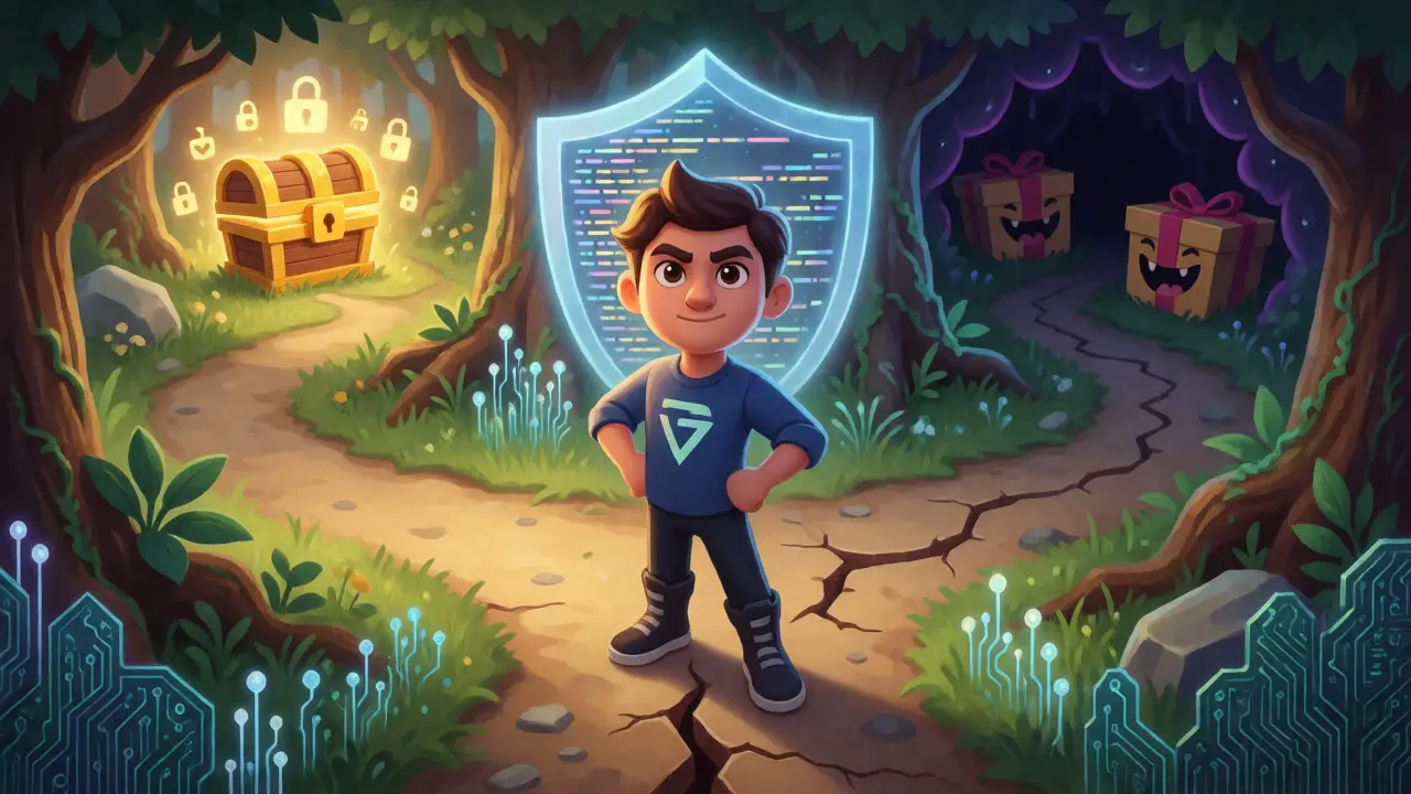 A digital hero choosing between a safe path and a path with phishing traps.