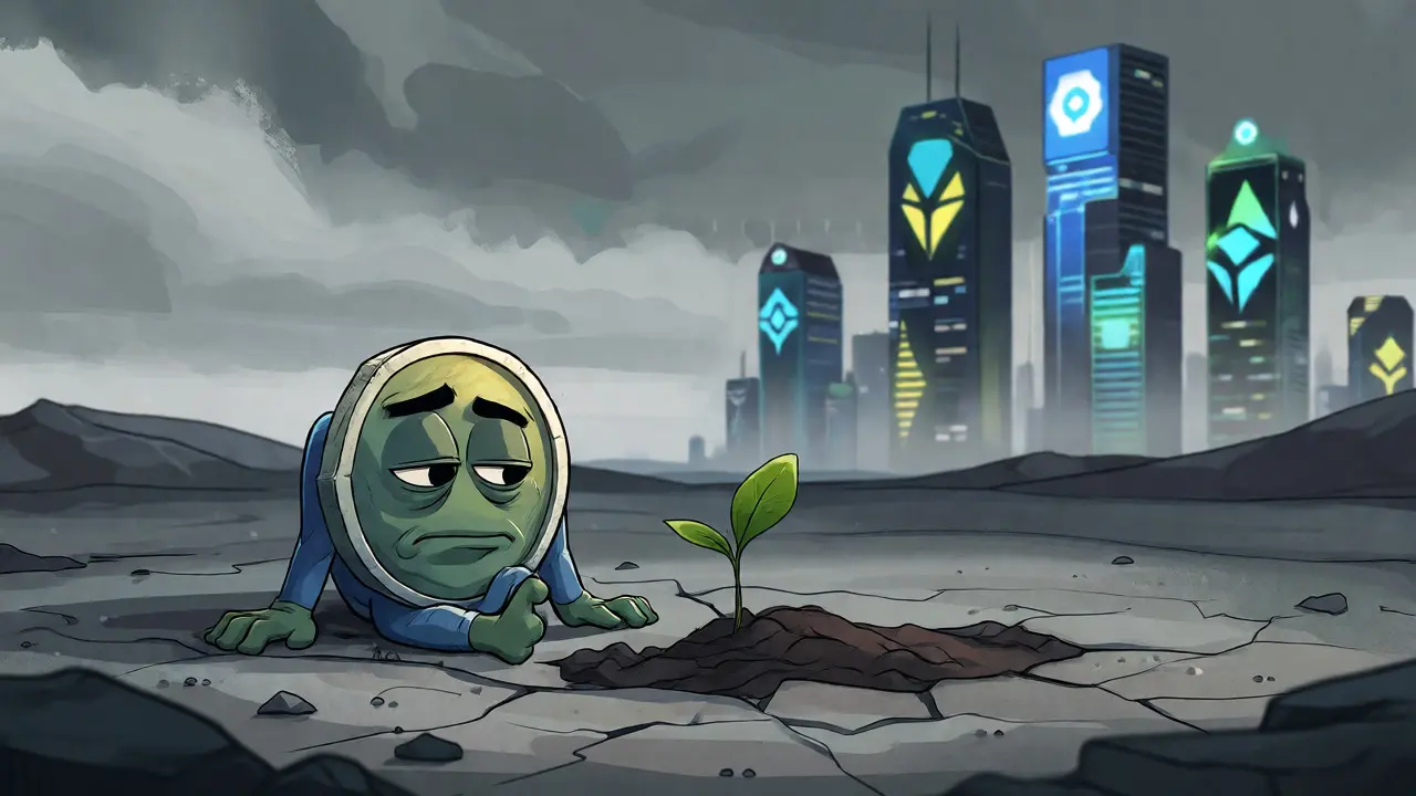A lone, tired coin character sitting in a barren landscape under a grey sky