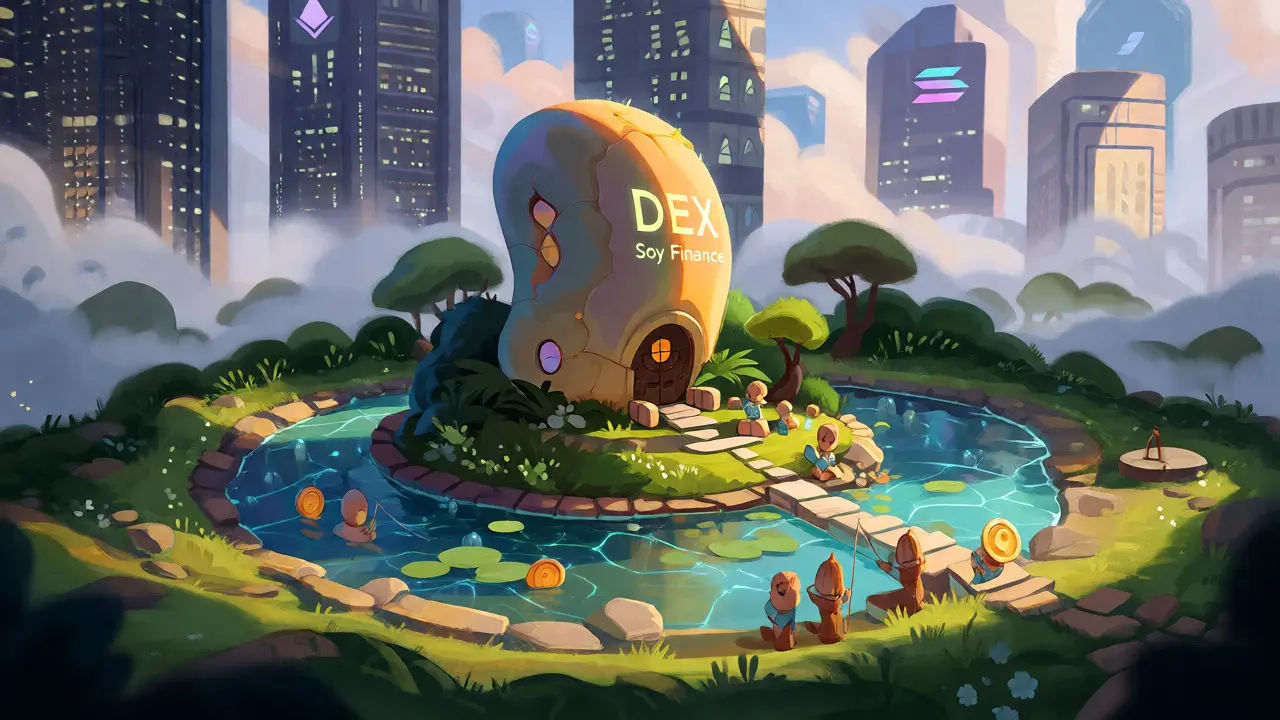 A small, isolated island with a quirky DEX building amidst distant giant skyscrapers.