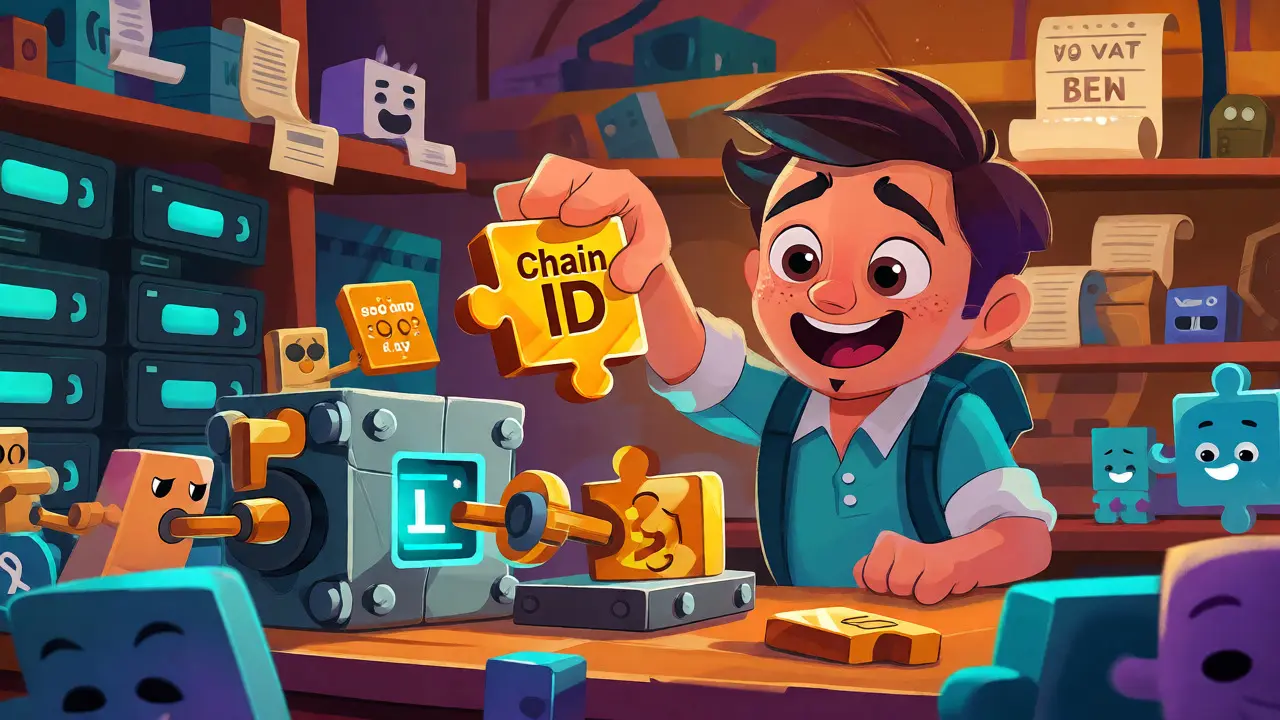 A stylized developer assembling a blockchain structure with golden Chain ID pieces.