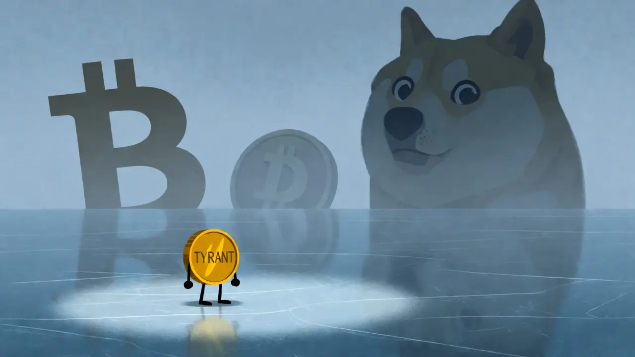 A tiny coin standing alone on a vast ice field, dwarfed by shadows of larger cryptocurrencies.