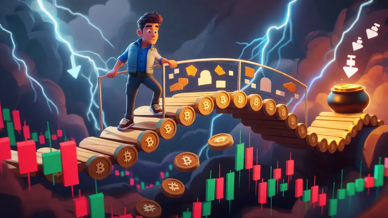 An investor balancing on a token bridge over volatile market charts.