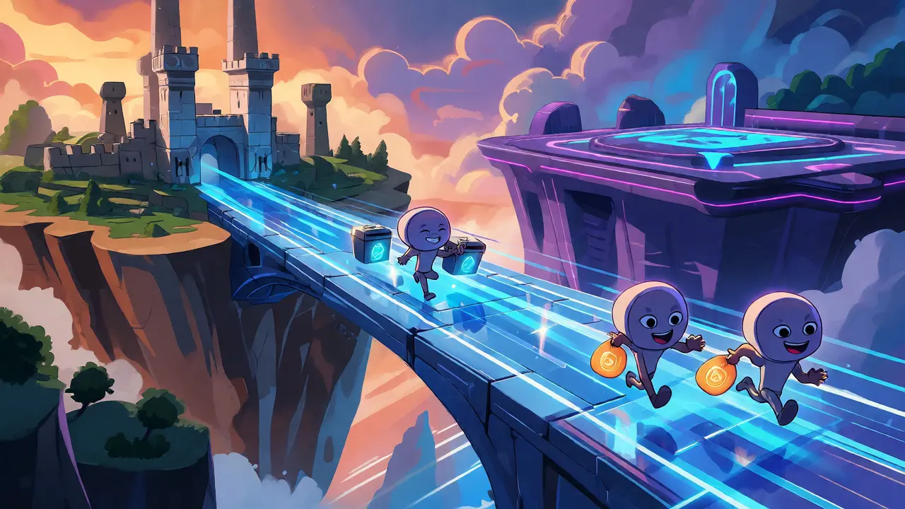 Animated bridge connecting Ethereum fortress to Base network platform