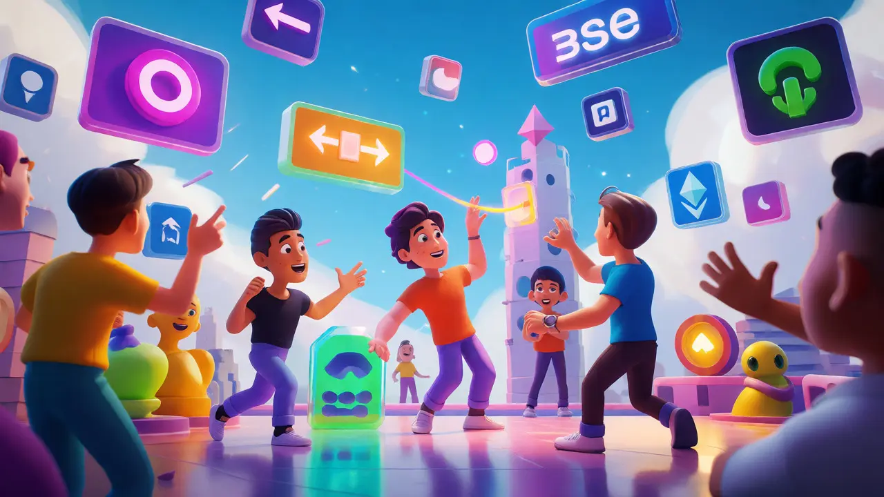 Animated characters interacting with DeFi elements and bridging assets to the Base network.