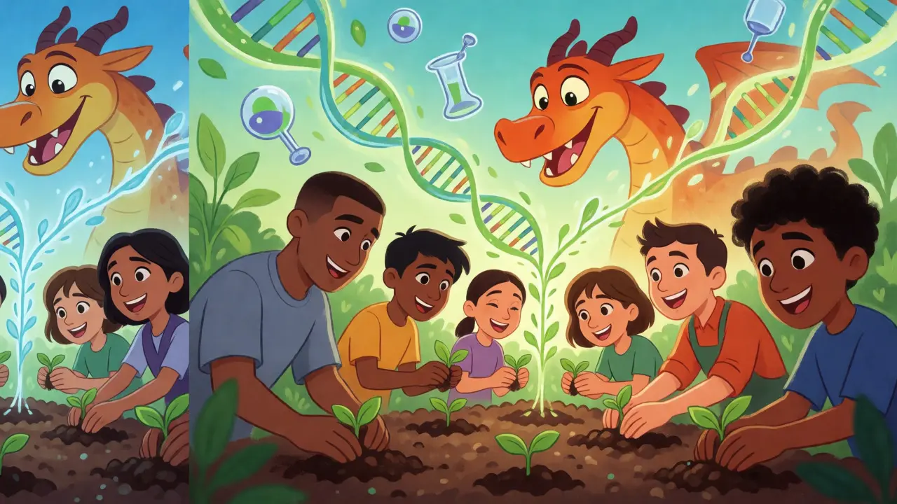 Animated characters planting digital seeds under a dragon's watchful eye, symbolizing aging research funding.