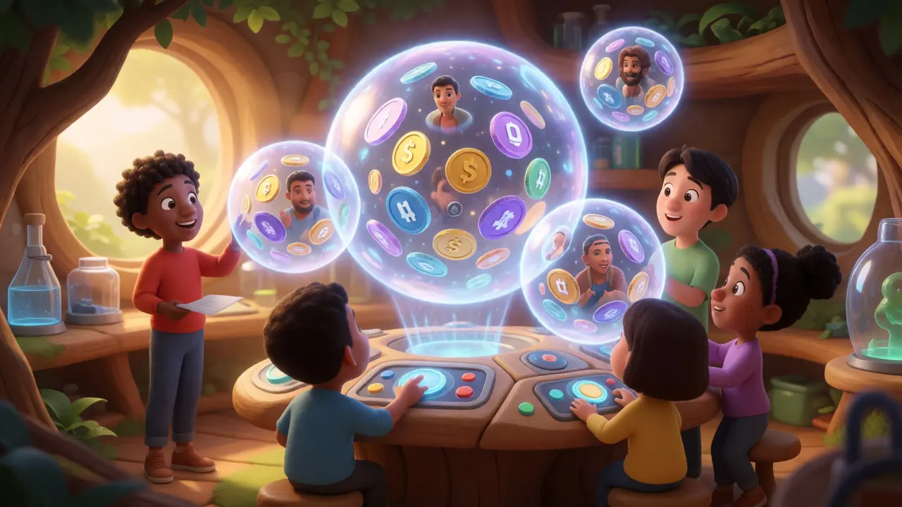 Animated users merging crypto asset bubbles into a single nAsset in a high-tech lab.