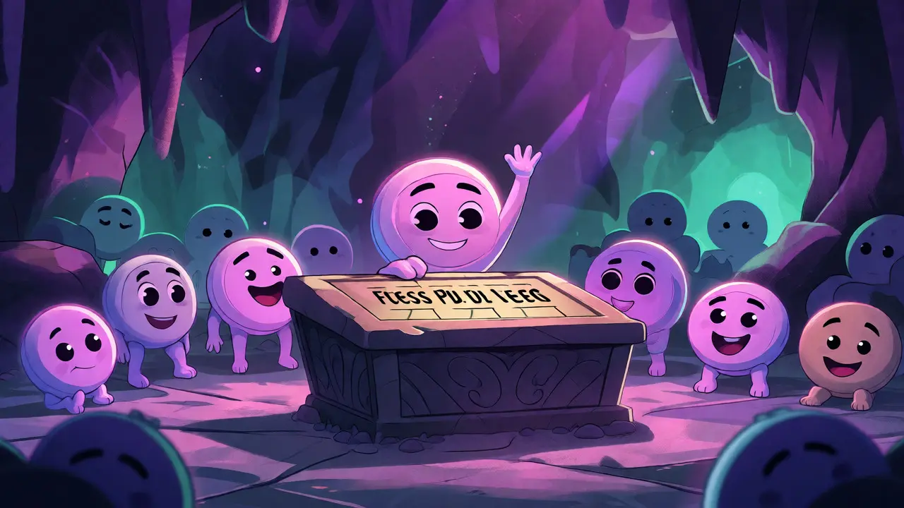 Anthropomorphic tokens voting at a stone table in a mystical underworld cavern.