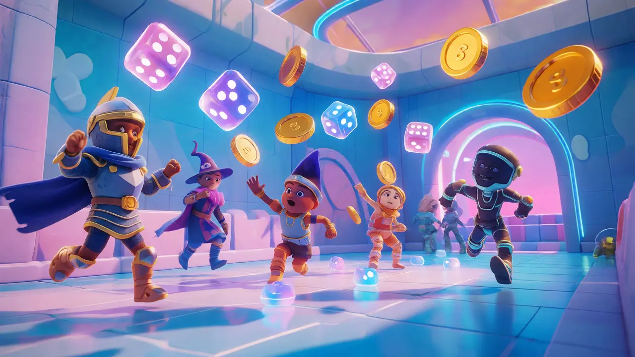 Cartoon avatars playing games and collecting glowing dice tokens in a virtual world