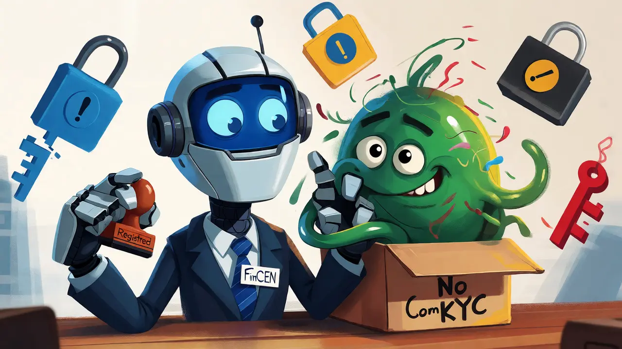 Cartoon characters struggling to fit compliance and anonymity concepts together.